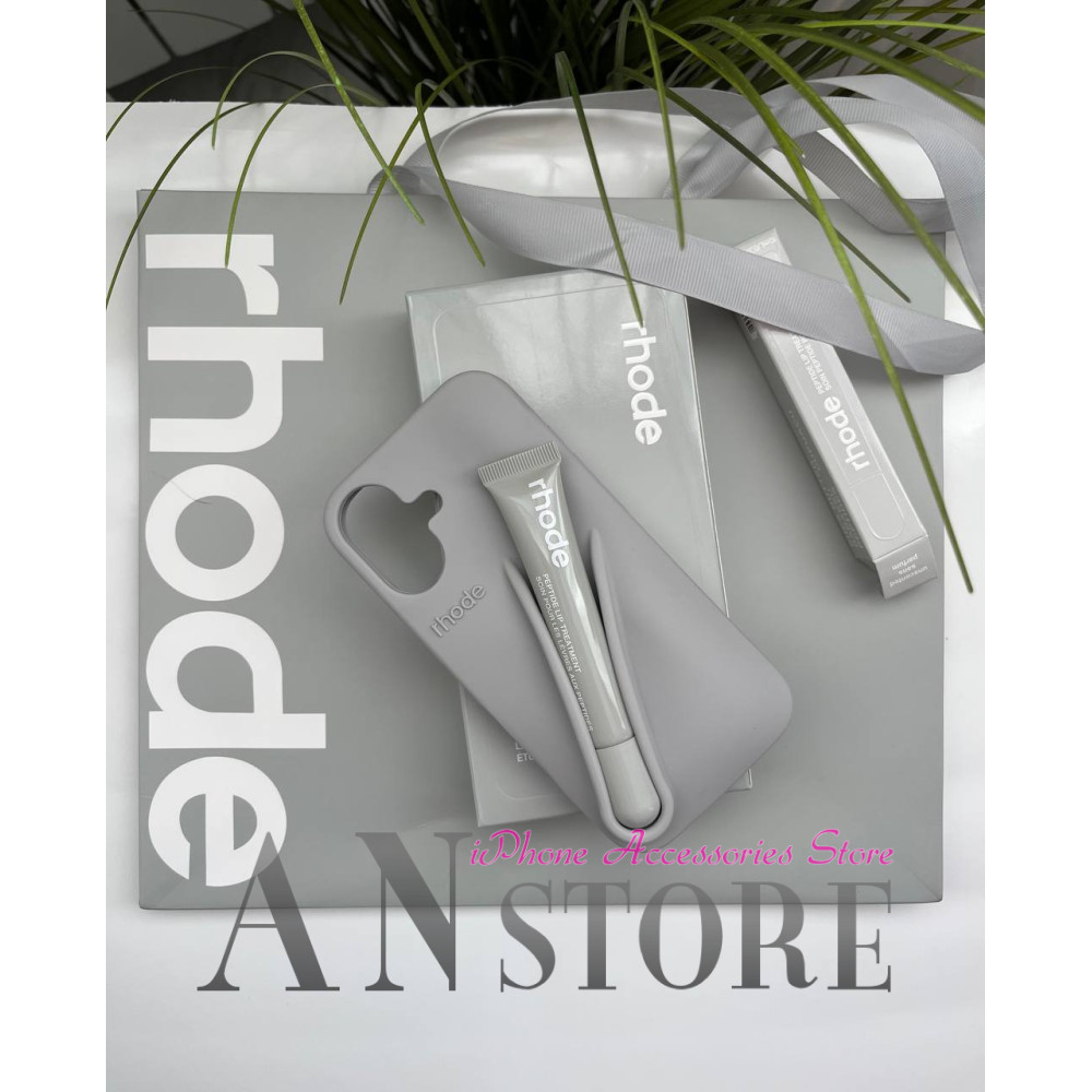 Сірий чохол Rhode з блиском для губ на айфон 16 плюс